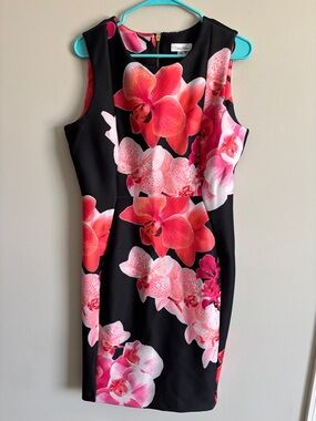 Calvin Klein Black Midi Dress with Pink & Red Floral Print